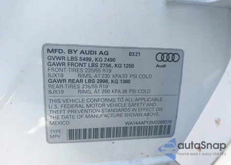 2021 Audi Q5 Sportback Premium 45 Tfsi Quattro S Tronic из США, поврежденный, VIN WA14AAFY2M2069228